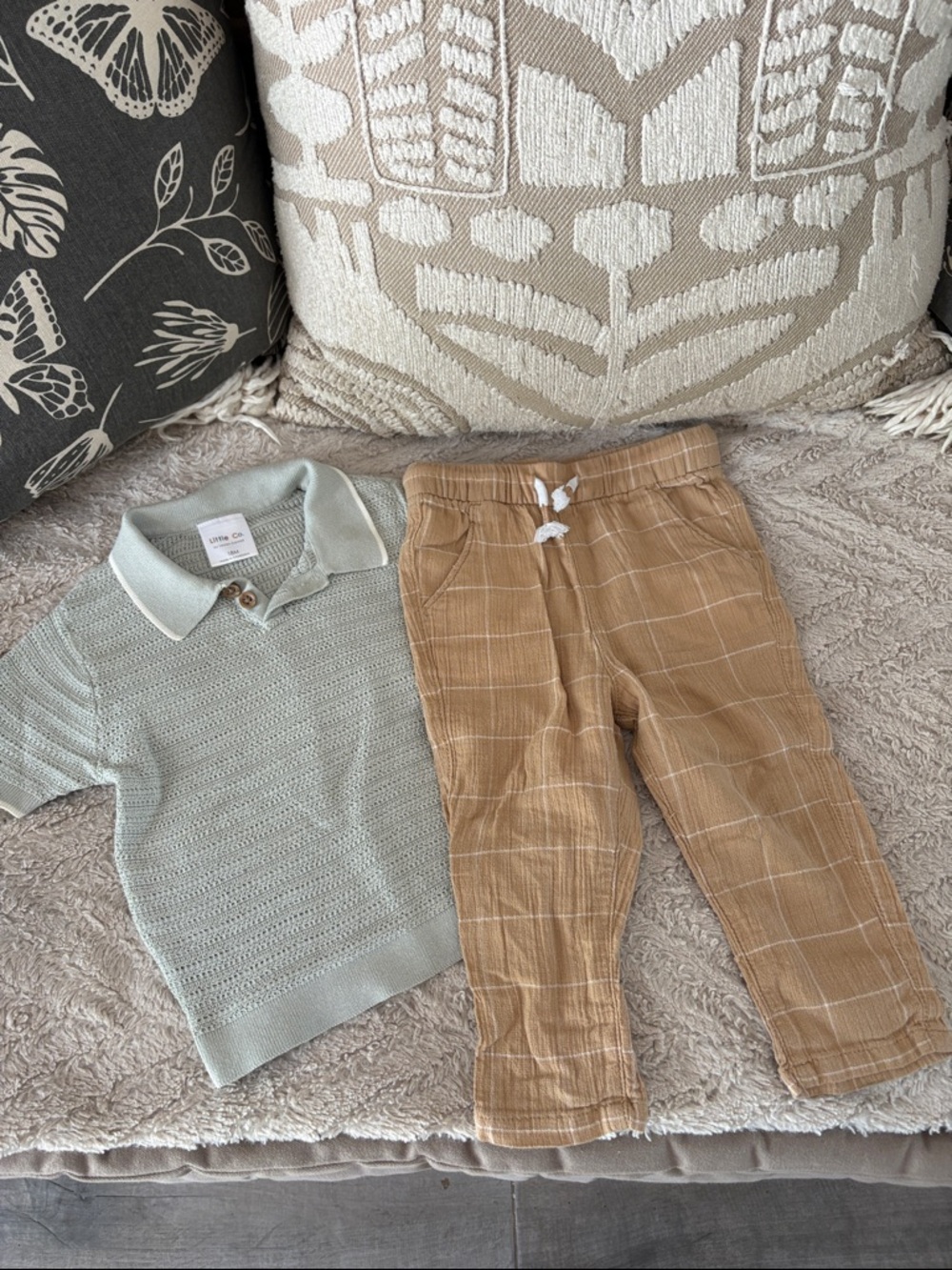 Little Co 100% Cotton Knit Polo & Tan Plaid gauze Drawstring Pants Set 18m